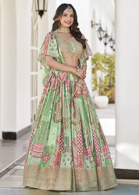 Light green Faux Chinon Silk Digital Print Readymade Lehenga Choli Set with Zari Embroidery 2
