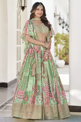 Light green Faux Chinon Silk Digital Print Readymade Lehenga Choli Set with Zari Embroidery