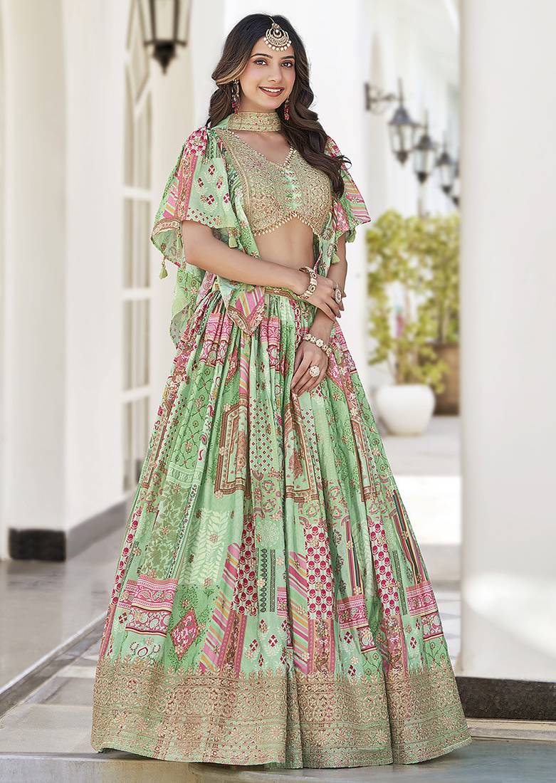 Light green Faux Chinon Silk Digital Print Readymade Lehenga Choli Set with Zari Embroidery