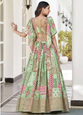 Light green Faux Chinon Silk Digital Print Readymade Lehenga Choli Set with Zari Embroidery 3