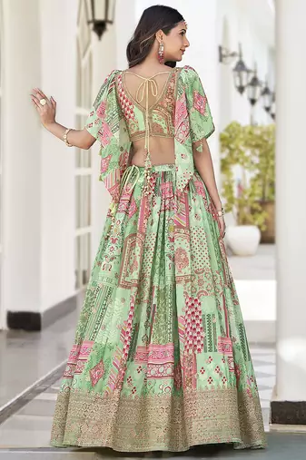 Light green Faux Chinon Silk Digital Print Readymade Lehenga Choli Set with Zari Embroidery