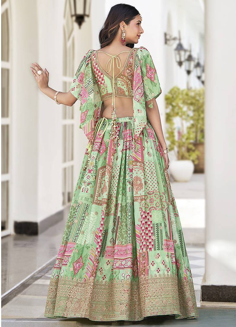 Light green Faux Chinon Silk Digital Print Readymade Lehenga Choli Set with Zari Embroidery