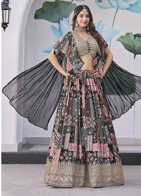 Black Faux Chinon Silk Digital Print Readymade Lehenga Choli Set with Zari Embroidery 1