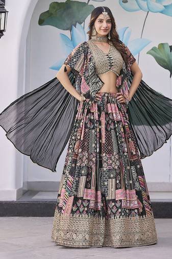 Black Faux Chinon Silk Digital Print Readymade Lehenga Choli Set with Zari Embroidery