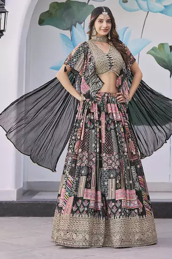 Black Faux Chinon Silk Digital Print Readymade Lehenga Choli Set with Zari Embroidery