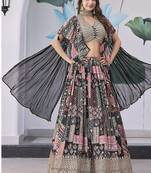 Black Faux Chinon Silk Digital Print Readymade Lehenga Choli Set with Zari Embroidery