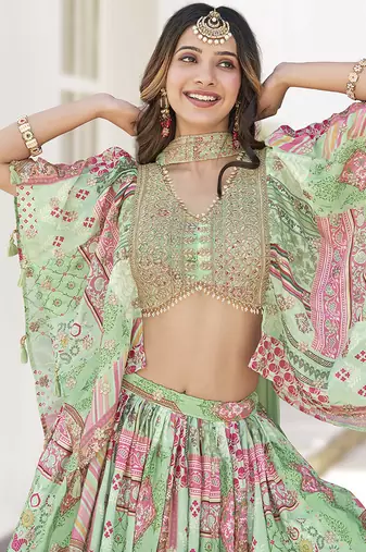 Light green Faux Chinon Silk Digital Print Readymade Lehenga Choli Set with Zari Embroidery