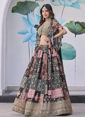 Black Faux Chinon Silk Digital Print Readymade Lehenga Choli Set with Zari Embroidery 2