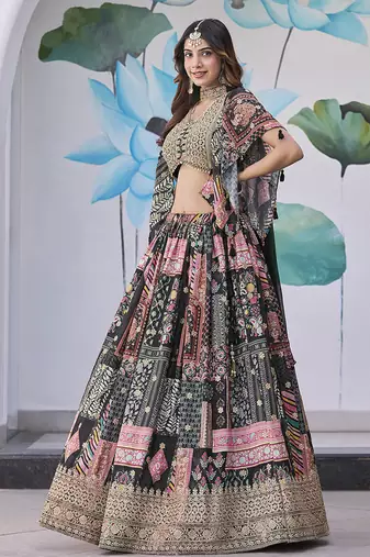 Black Faux Chinon Silk Digital Print Readymade Lehenga Choli Set with Zari Embroidery