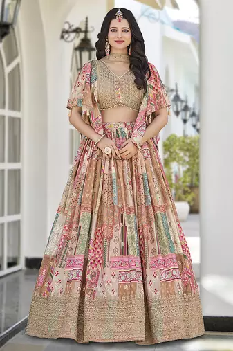 Beige Faux Chinon Silk Digital Print Readymade Lehenga Choli Set with Zari Embroidery