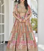Beige Faux Chinon Silk Digital Print Readymade Lehenga Choli Set with Zari Embroidery