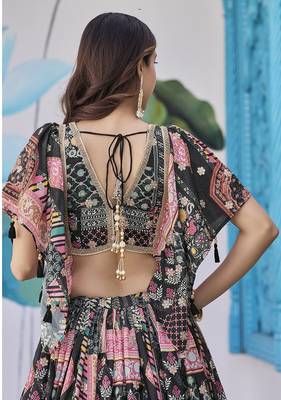 Black Faux Chinon Silk Digital Print Readymade Lehenga Choli Set with Zari Embroidery 3