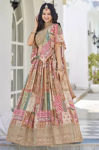 Beige Faux Chinon Silk Digital Print Readymade Lehenga Choli Set with Zari Embroidery