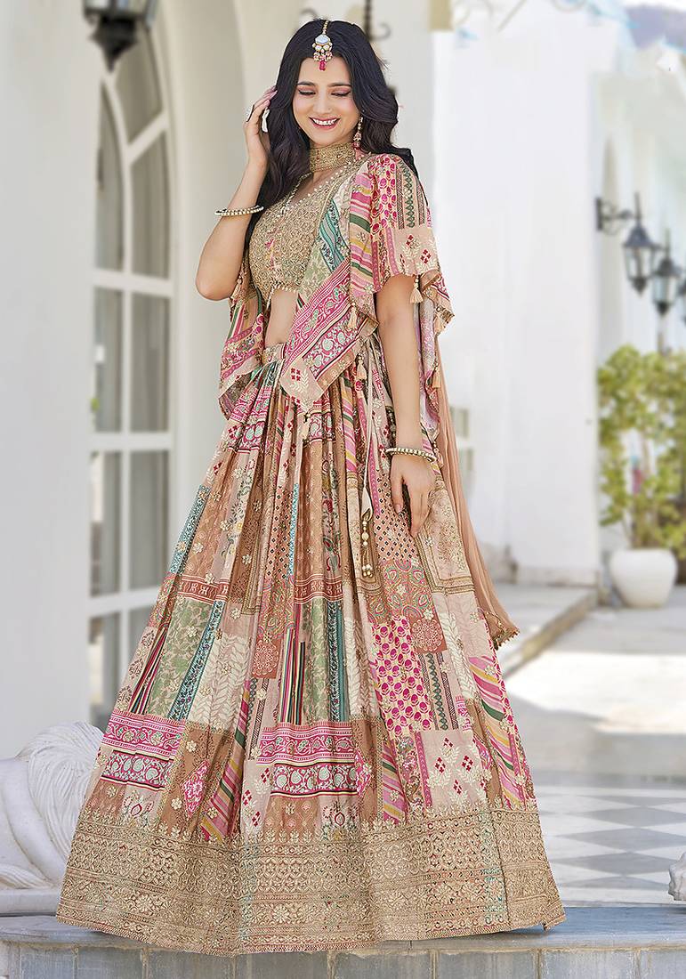 Beige Faux Chinon Silk Digital Print Readymade Lehenga Choli Set with Zari Embroidery