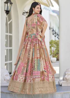 Beige Faux Chinon Silk Digital Print Readymade Lehenga Choli Set with Zari Embroidery 3