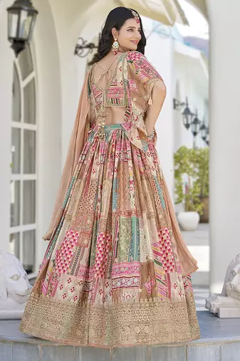 Beige Faux Chinon Silk Digital Print Readymade Lehenga Choli Set with Zari Embroidery