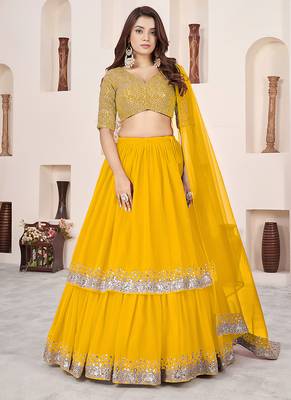 Mustard Faux Georgette Embroidered Flared Readymade Style Lehenga Choli 1
