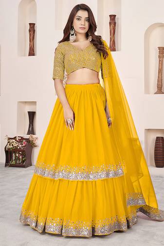 Mustard Faux Georgette Embroidered Flared Readymade Style Lehenga Choli