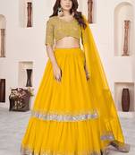 Mustard Faux Georgette Embroidered Flared Readymade Style Lehenga Choli