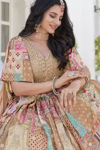 Beige Faux Chinon Silk Digital Print Readymade Lehenga Choli Set with Zari Embroidery