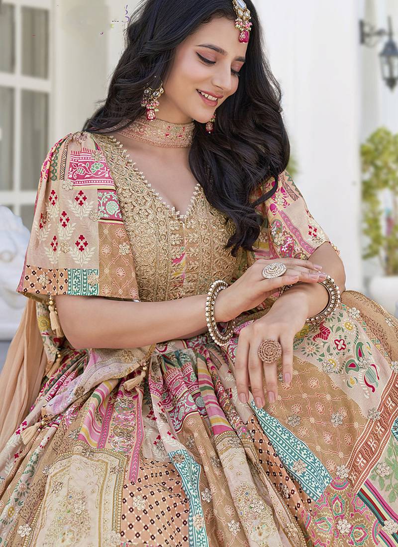 Beige Faux Chinon Silk Digital Print Readymade Lehenga Choli Set with Zari Embroidery