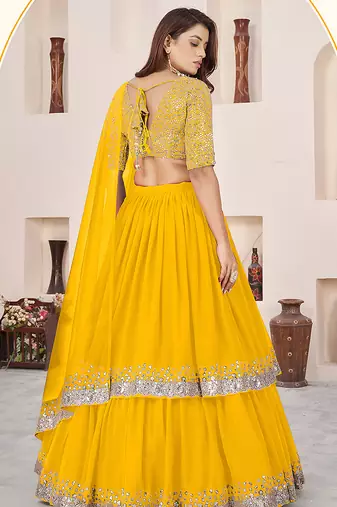 Mustard Faux Georgette Embroidered Flared Readymade Style Lehenga Choli