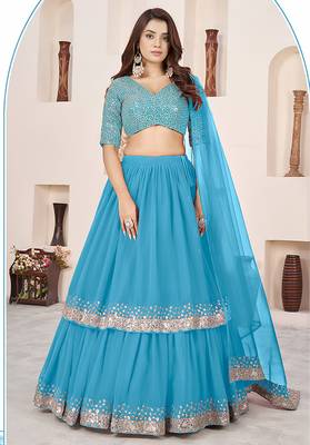Sky blue Faux Georgette Embroidered Flared Readymade Style Lehenga Choli 1