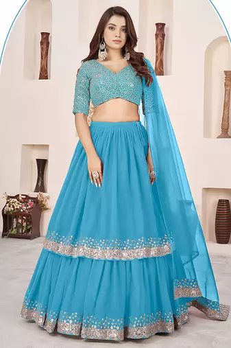 Sky blue Faux Georgette Embroidered Flared Readymade Style Lehenga Choli