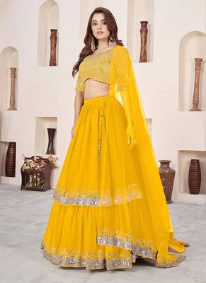Mustard Faux Georgette Embroidered Flared Readymade Style Lehenga Choli 3