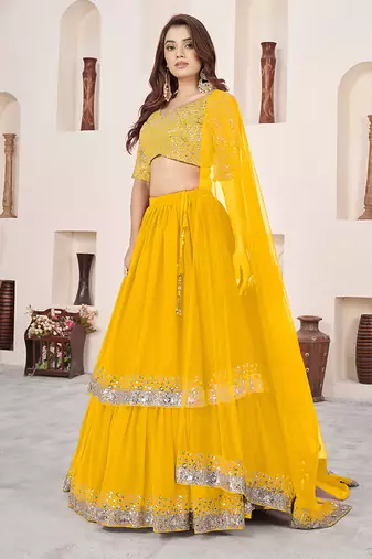 Mustard Faux Georgette Embroidered Flared Readymade Style Lehenga Choli