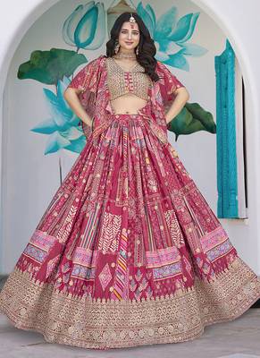 Rani Pink Faux Chinon Silk Digital Print Readymade Lehenga Choli Set with Zari Embroidery 1