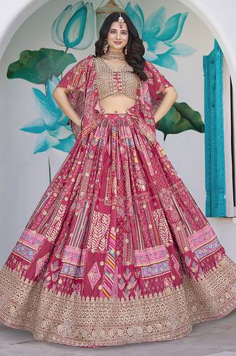 Rani Pink Faux Chinon Silk Digital Print Readymade Lehenga Choli Set with Zari Embroidery