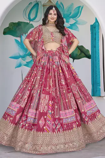 Rani Pink Faux Chinon Silk Digital Print Readymade Lehenga Choli Set with Zari Embroidery