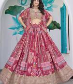 Rani Pink Faux Chinon Silk Digital Print Readymade Lehenga Choli Set with Zari Embroidery