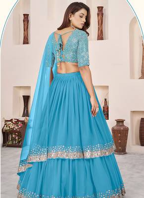 Sky blue Faux Georgette Embroidered Flared Readymade Style Lehenga Choli 2
