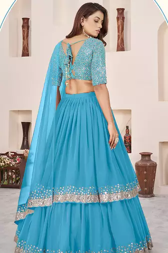 Sky blue Faux Georgette Embroidered Flared Readymade Style Lehenga Choli