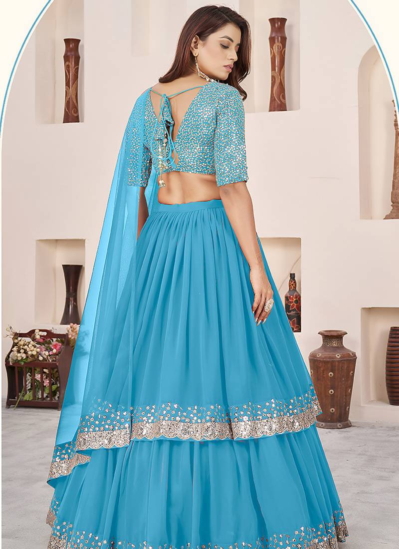 Sky blue Faux Georgette Embroidered Flared Readymade Style Lehenga Choli