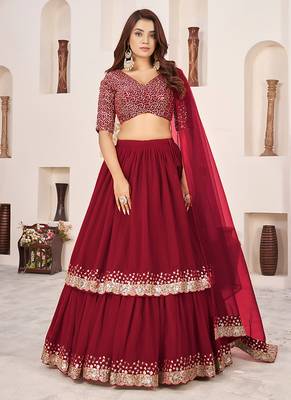 Dark Red Faux Georgette Embroidered Flared Readymade Style Lehenga Choli 1