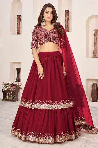 Dark Red Faux Georgette Embroidered Flared Readymade Style Lehenga Choli