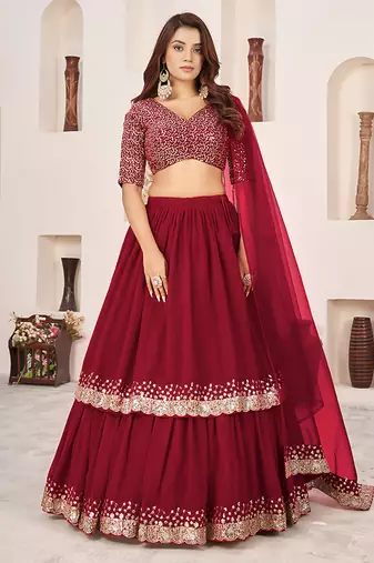 Dark Red Faux Georgette Embroidered Flared Readymade Style Lehenga Choli