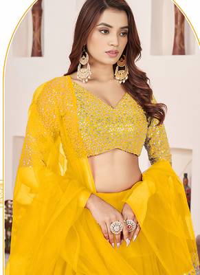 Mustard Faux Georgette Embroidered Flared Readymade Style Lehenga Choli 4