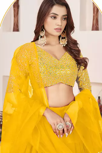 Mustard Faux Georgette Embroidered Flared Readymade Style Lehenga Choli