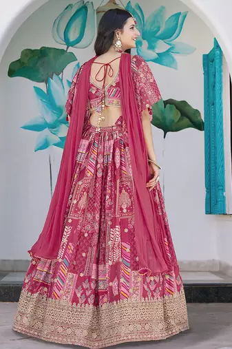 Rani Pink Faux Chinon Silk Digital Print Readymade Lehenga Choli Set with Zari Embroidery