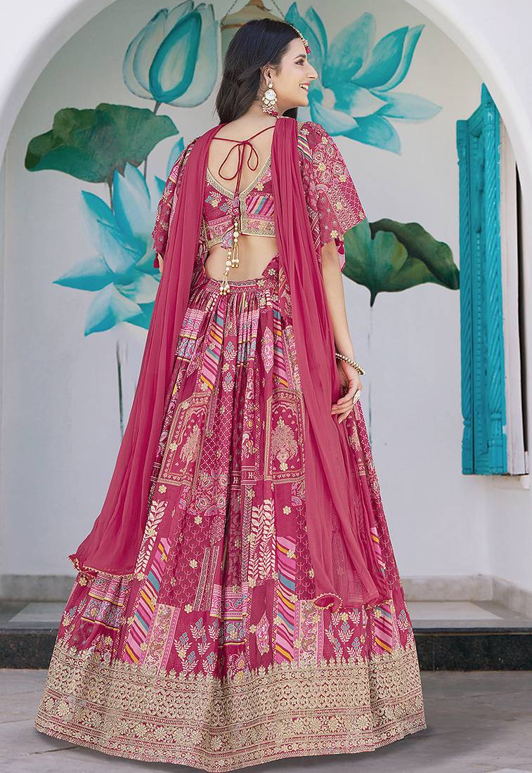 Rani Pink Faux Chinon Silk Digital Print Readymade Lehenga Choli Set with Zari Embroidery