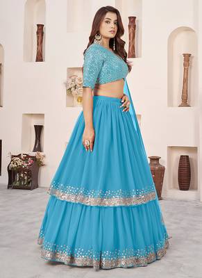 Sky blue Faux Georgette Embroidered Flared Readymade Style Lehenga Choli 3