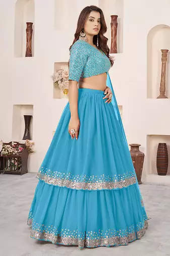 Sky blue Faux Georgette Embroidered Flared Readymade Style Lehenga Choli