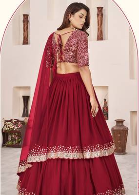 Dark Red Faux Georgette Embroidered Flared Readymade Style Lehenga Choli 2