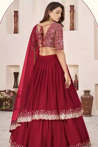 Dark Red Faux Georgette Embroidered Flared Readymade Style Lehenga Choli