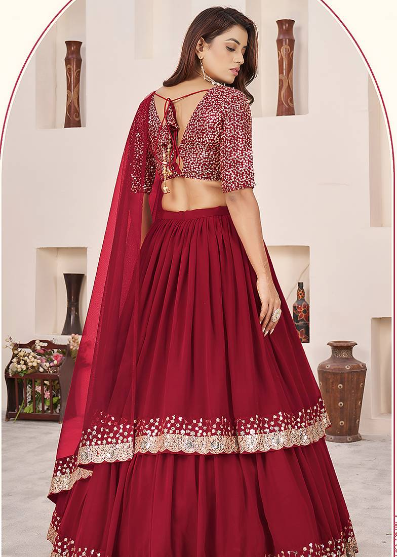 Dark Red Faux Georgette Embroidered Flared Readymade Style Lehenga Choli