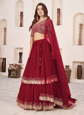 Dark Red Faux Georgette Embroidered Flared Readymade Style Lehenga Choli 3